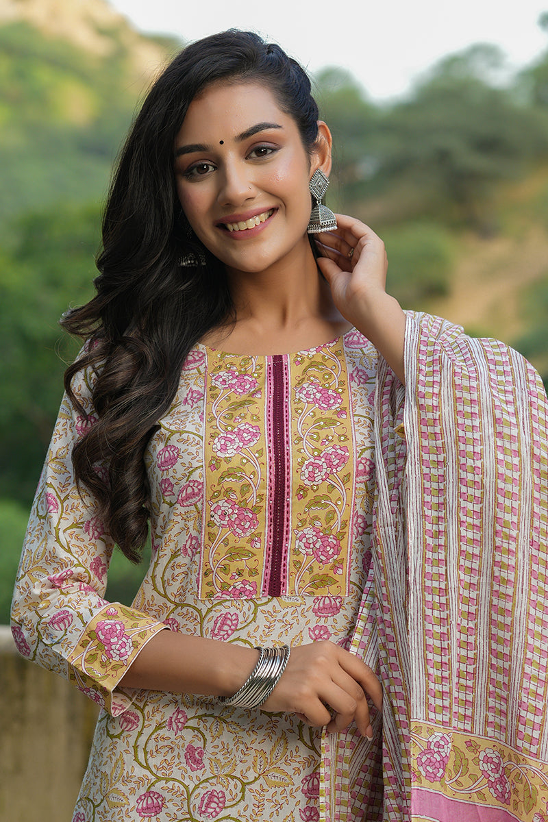 White Cotton Ethnic Motifs Printed Straight Suit Set | SHOBITAM