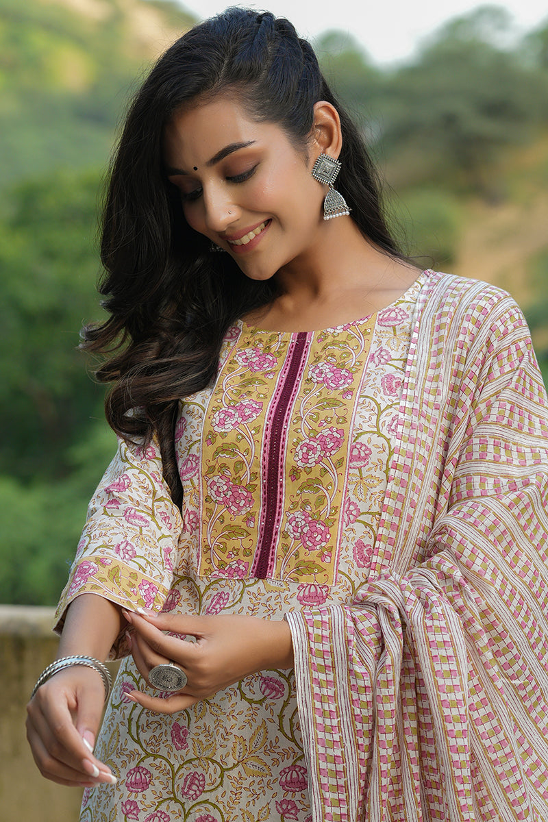 White Cotton Ethnic Motifs Printed Straight Suit Set | SHOBITAM