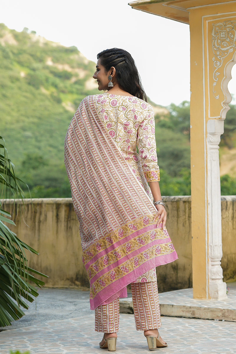 White Cotton Ethnic Motifs Printed Straight Suit Set | SHOBITAM