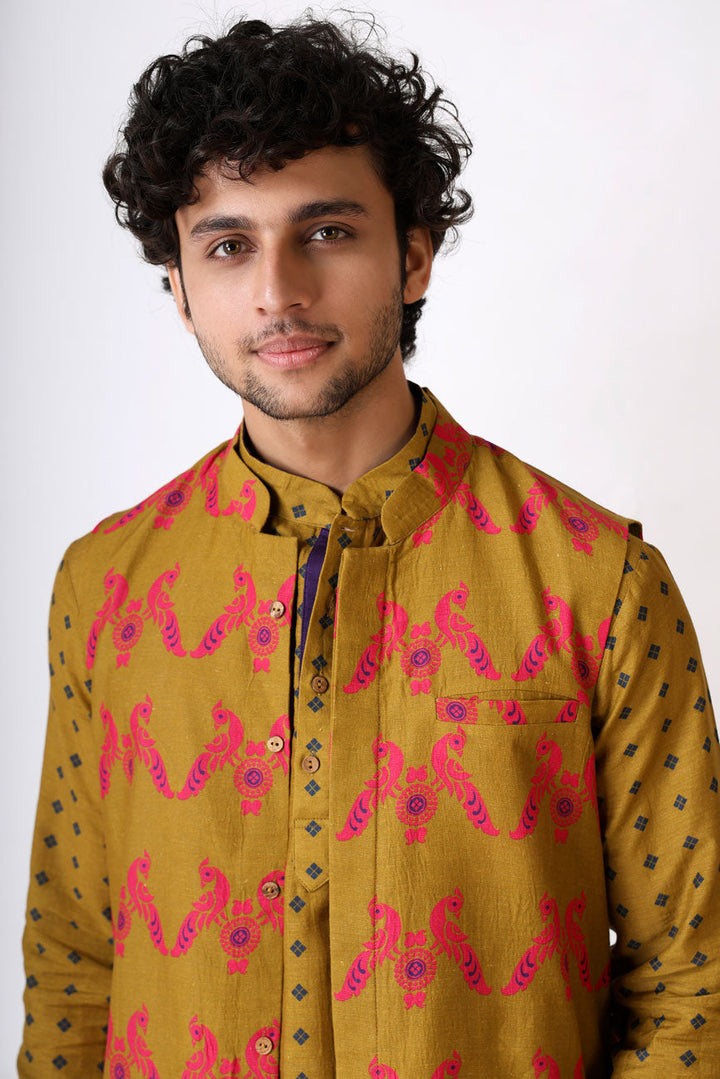 SMRITI OLIVE MAYIL SET ( kurta + pant + jacket ) | SHOBITAM