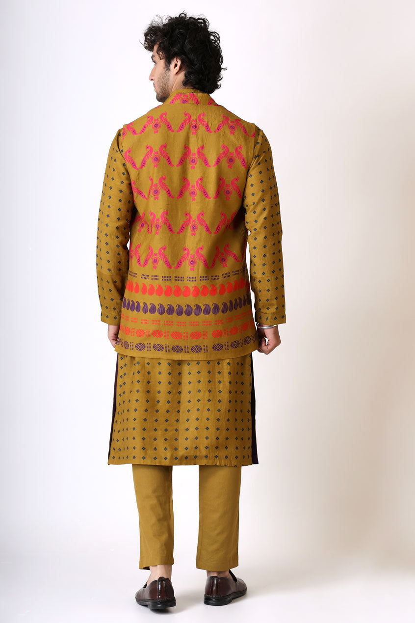 SMRITI OLIVE MAYIL SET ( kurta + pant + jacket ) | SHOBITAM