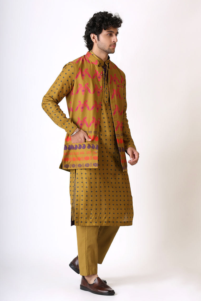SMRITI OLIVE MAYIL SET ( kurta + pant + jacket ) | SHOBITAM