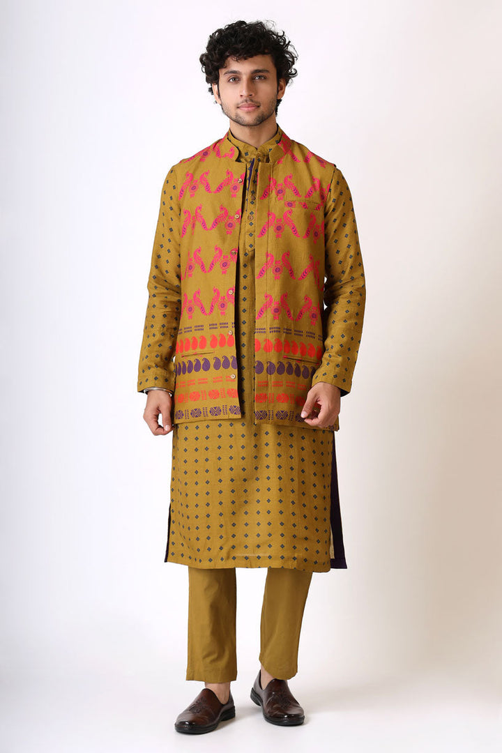 SMRITI OLIVE MAYIL SET ( kurta + pant + jacket ) | SHOBITAM