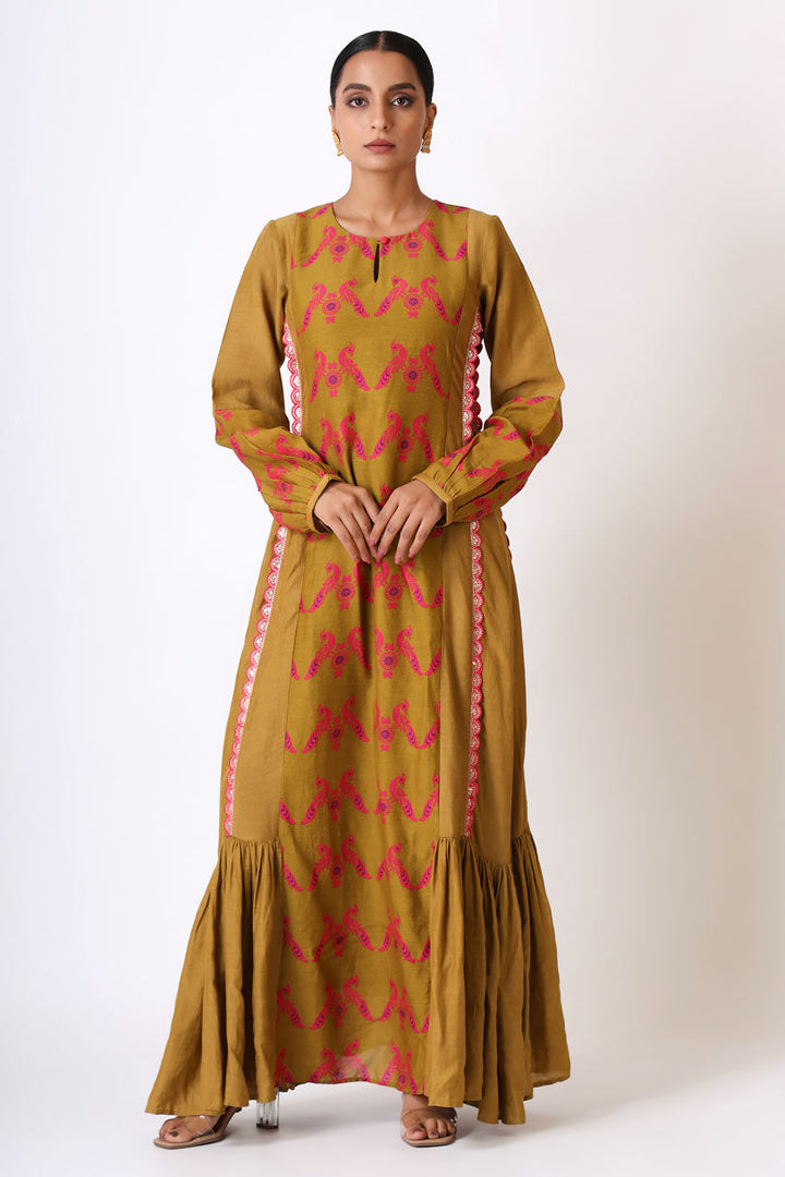 SMRITI PLEATED OLIVE DRESS | SHOBITAM