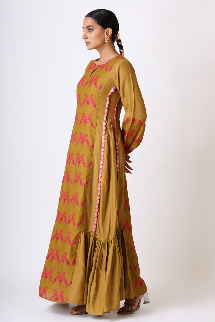 SMRITI PLEATED OLIVE DRESS | SHOBITAM