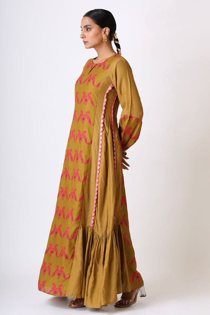 SMRITI PLEATED OLIVE DRESS | SHOBITAM