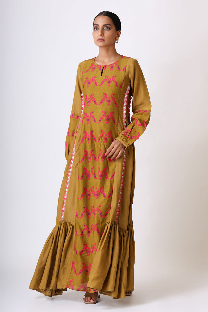 SMRITI PLEATED OLIVE DRESS | SHOBITAM
