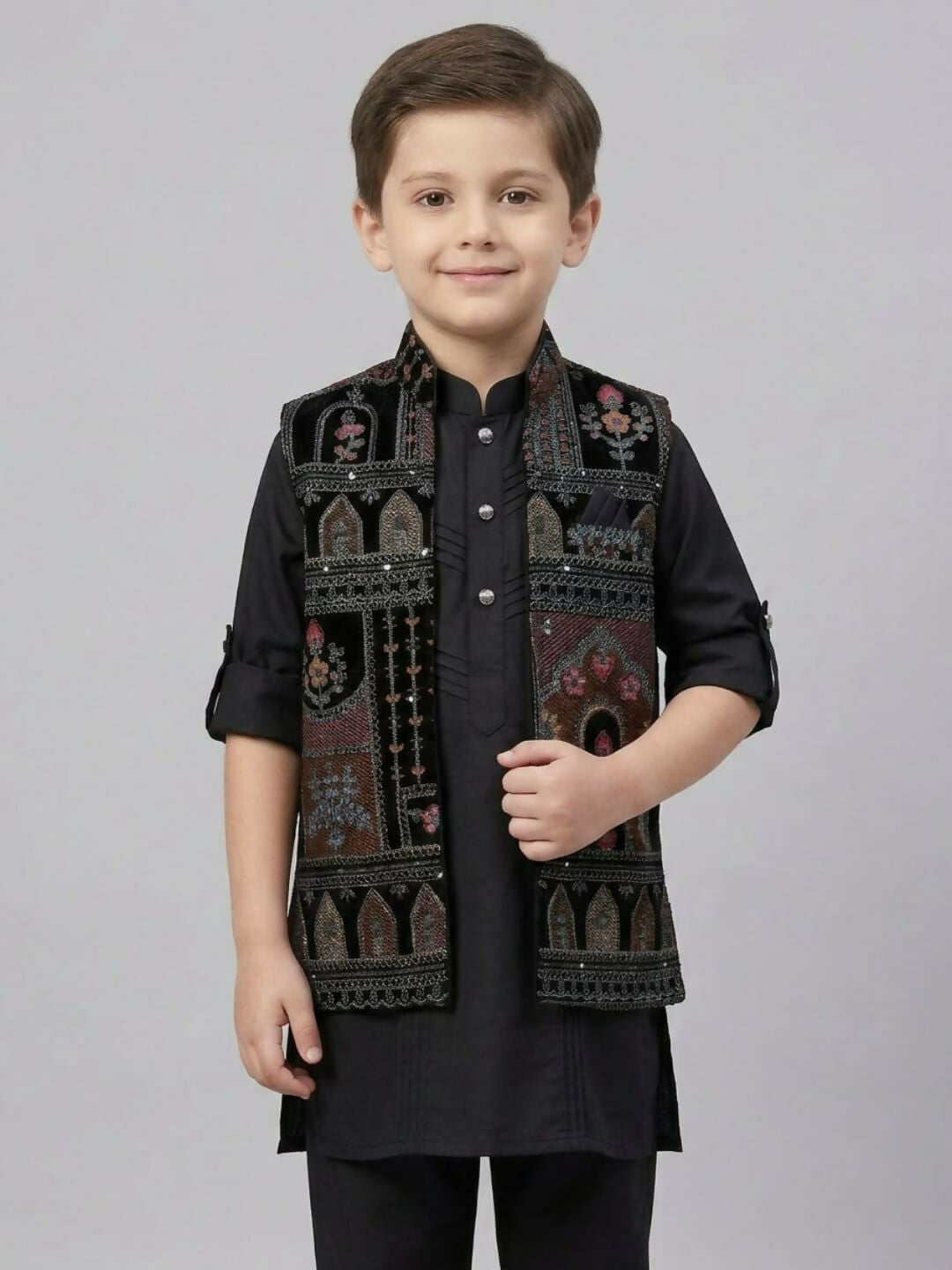 Boys Black Kurta Pajama Set with Printed Nehru Jacket | SHOBITAM