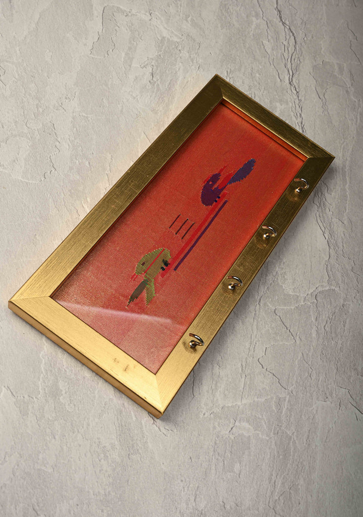 Pure Yeola Paithani Tissue Handloom Peacock Parrot Woven Framed Key Holder | SILK MARK CERTIFIED