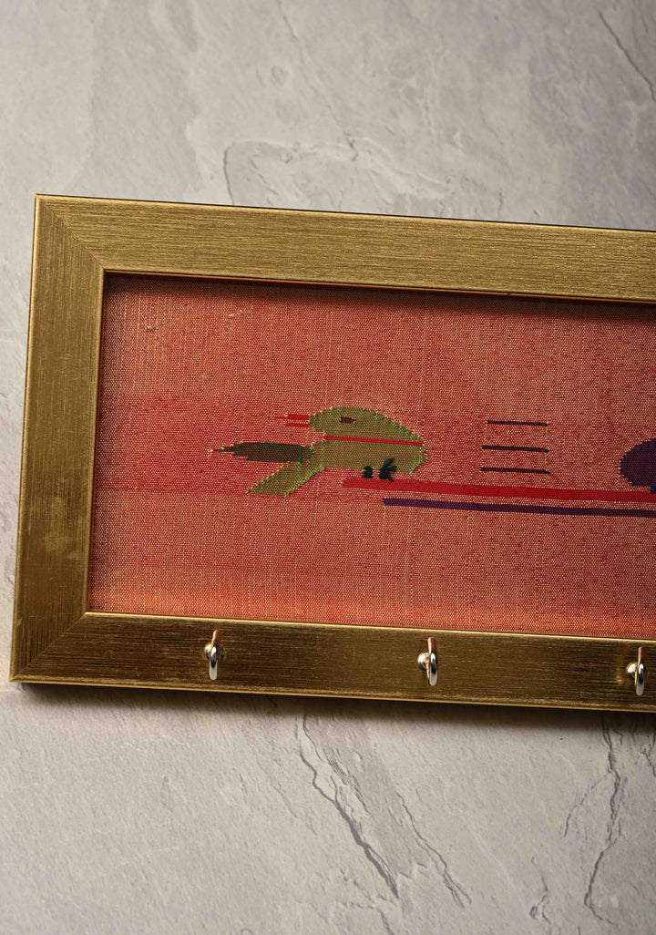 Pure Yeola Paithani Tissue Handloom Peacock Parrot Woven Framed Key Holder | SILK MARK CERTIFIED