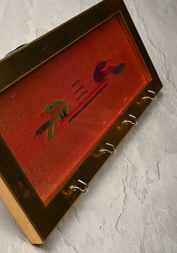 Pure Yeola Paithani Tissue Handloom Peacock Parrot Woven Framed Key Holder | SILK MARK CERTIFIED