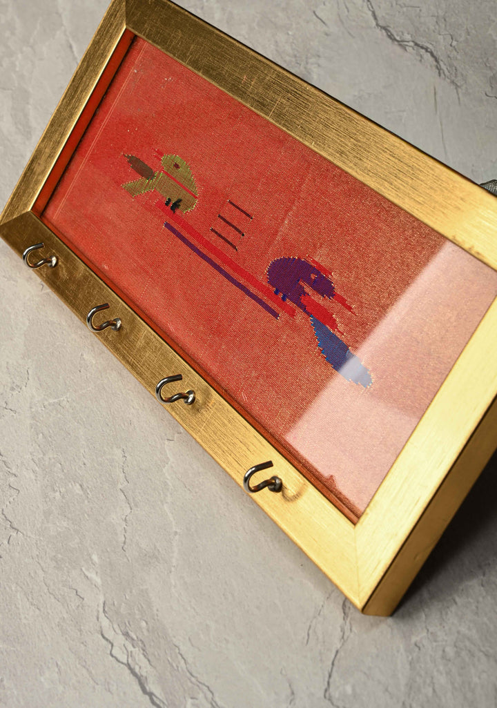 Pure Yeola Paithani Tissue Handloom Peacock Parrot Woven Framed Key Holder | SILK MARK CERTIFIED