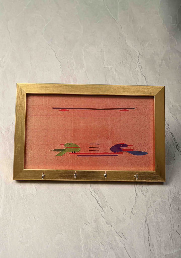 Pure Yeola Paithani Pure Silk Tissue Handloom 4 Hook Framed Key Holder | SILK MARK CERTIFIED