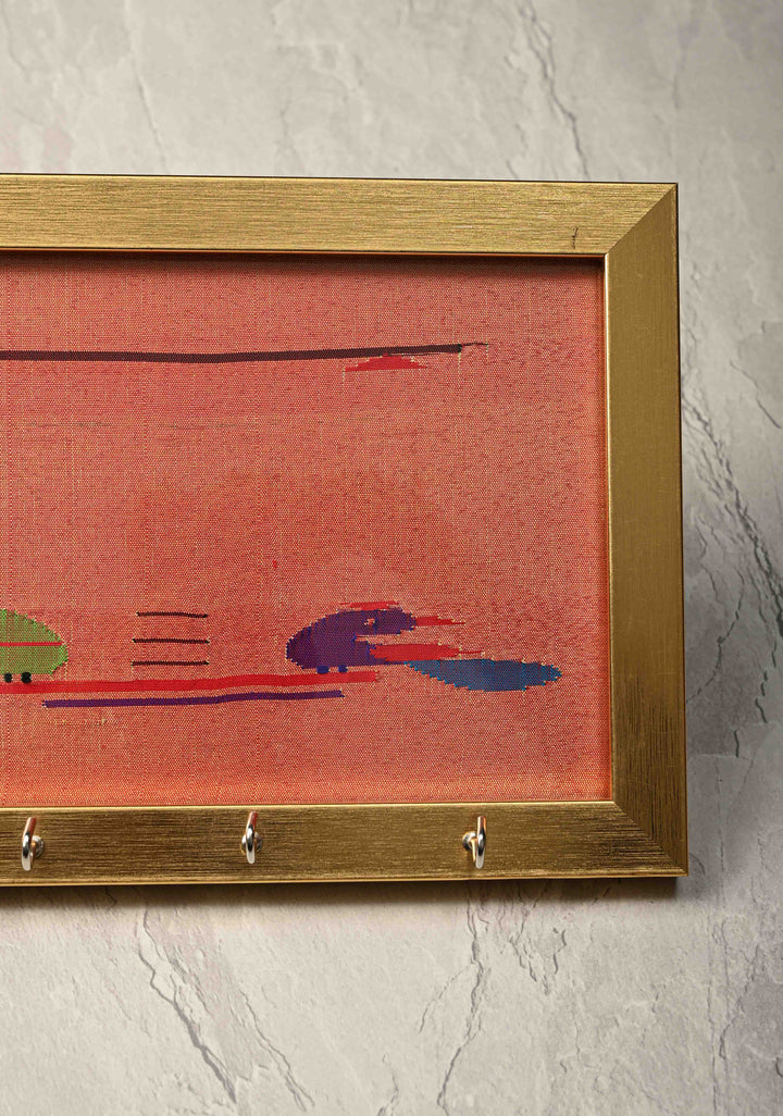 Pure Yeola Paithani Pure Silk Tissue Handloom 4 Hook Framed Key Holder | SILK MARK CERTIFIED