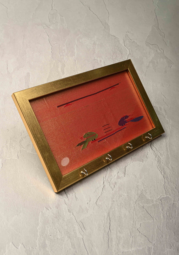 Pure Yeola Paithani Pure Silk Tissue Handloom 4 Hook Framed Key Holder | SILK MARK CERTIFIED