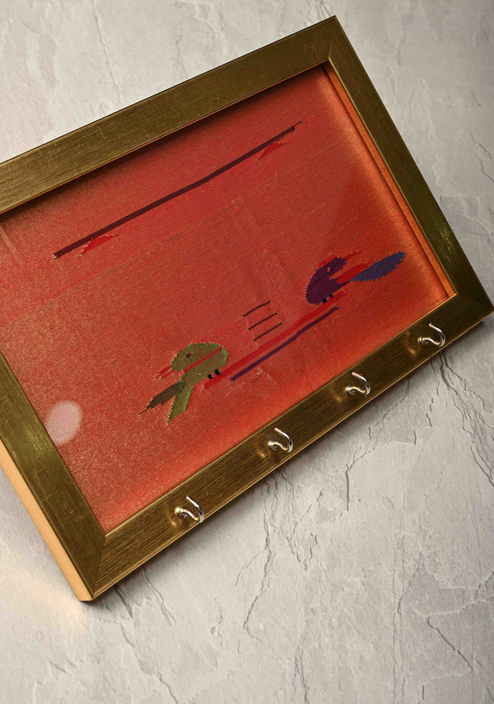 Pure Yeola Paithani Pure Silk Tissue Handloom 4 Hook Framed Key Holder | SILK MARK CERTIFIED