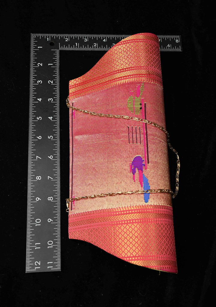 Pink Dual tone Authentic Handcrafted Paithani Pure Silk and Tissue Clutch with Birds Motifs | SILK MARK CERTIFIED
