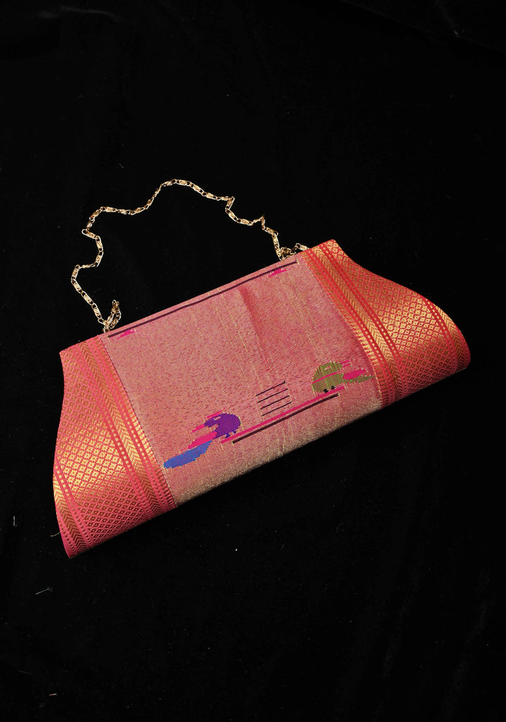 Pink Dual tone Authentic Handcrafted Paithani Pure Silk and Tissue Clutch with Birds Motifs | SILK MARK CERTIFIED