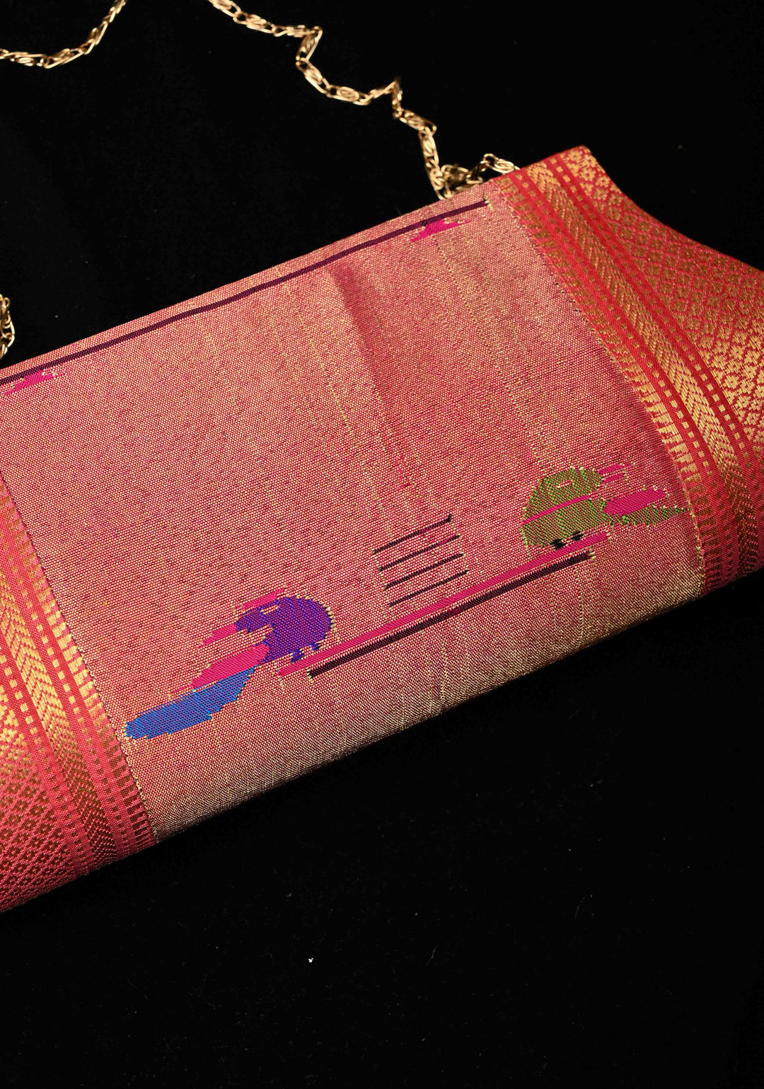 Pink Dual tone Authentic Handcrafted Paithani Pure Silk and Tissue Clutch with Birds Motifs | SILK MARK CERTIFIED