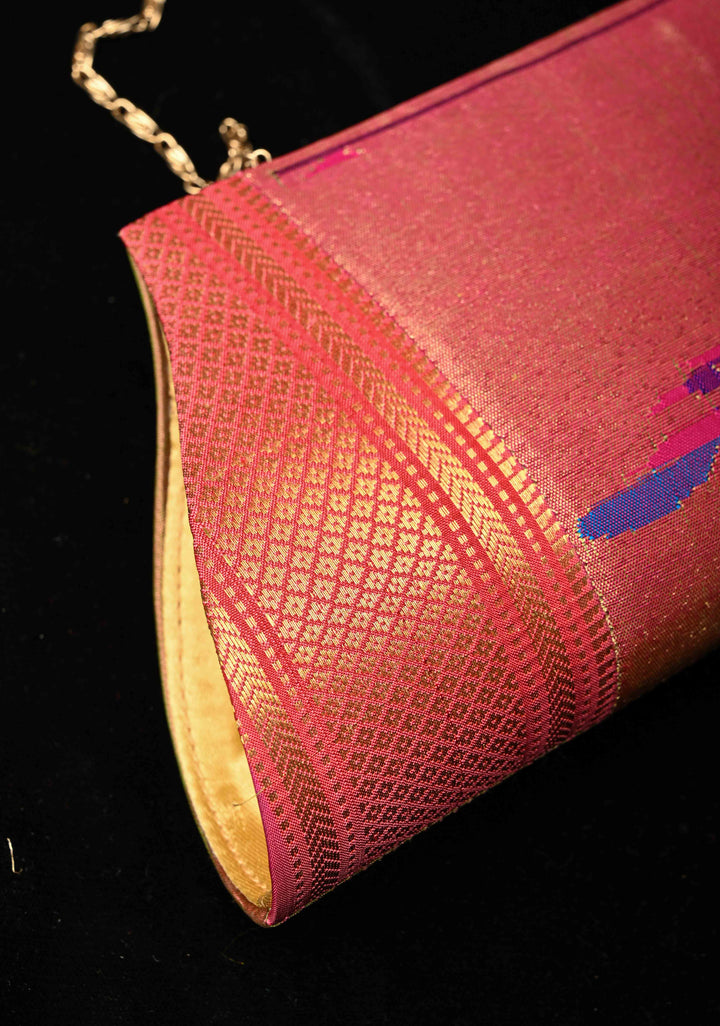 Pink Dual tone Authentic Handcrafted Paithani Pure Silk and Tissue Clutch with Birds Motifs | SILK MARK CERTIFIED