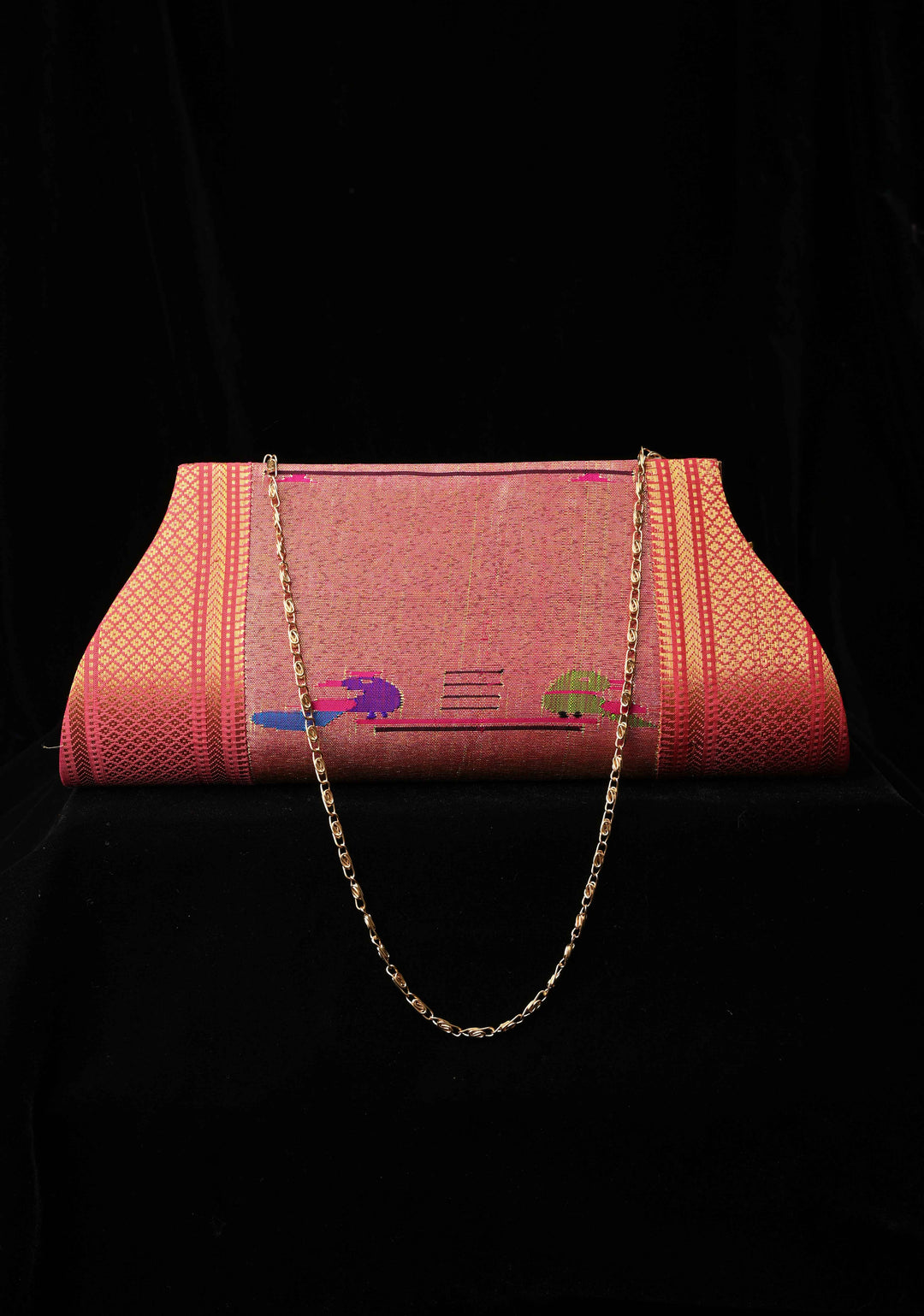 Pink Dual tone Authentic Handcrafted Paithani Pure Silk and Tissue Clutch with Birds Motifs | SILK MARK CERTIFIED
