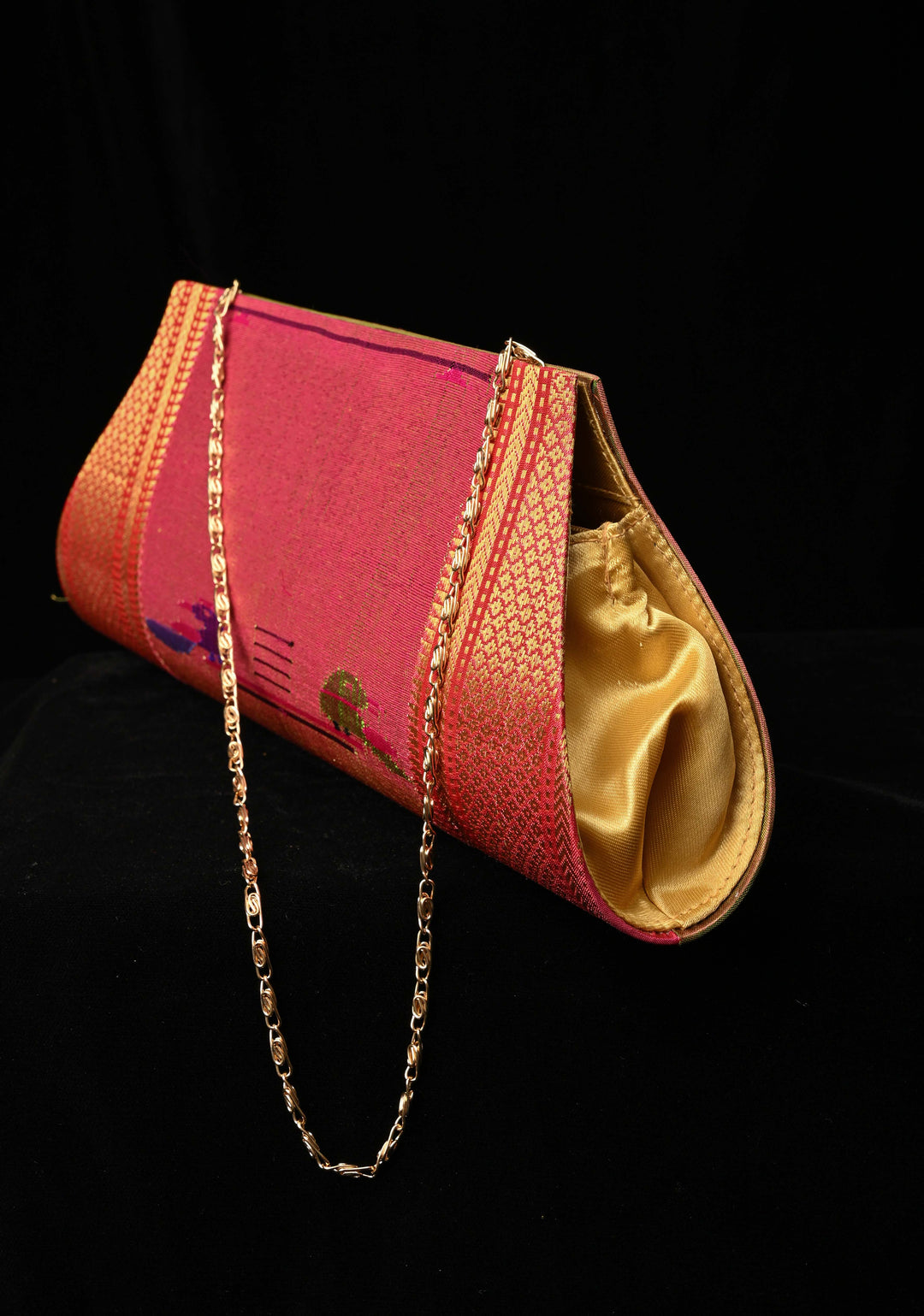 Pink Dual tone Authentic Handcrafted Paithani Pure Silk and Tissue Clutch with Birds Motifs | SILK MARK CERTIFIED
