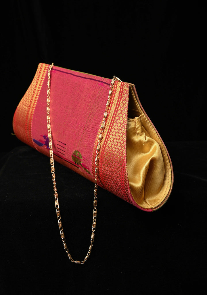 Pink Dual tone Authentic Handcrafted Paithani Pure Silk and Tissue Clutch with Birds Motifs | SILK MARK CERTIFIED