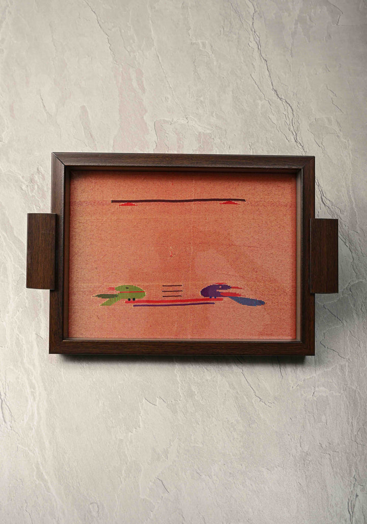 Pure Yeola Paithani Tissue Handloom Peacock Parrot Handwoven Framed Tray | SILK MARK CERTIFIED