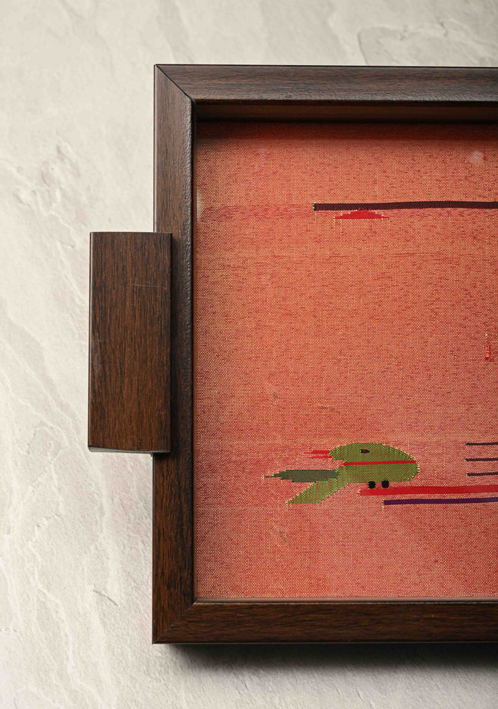Pure Yeola Paithani Tissue Handloom Peacock Parrot Handwoven Framed Tray | SILK MARK CERTIFIED