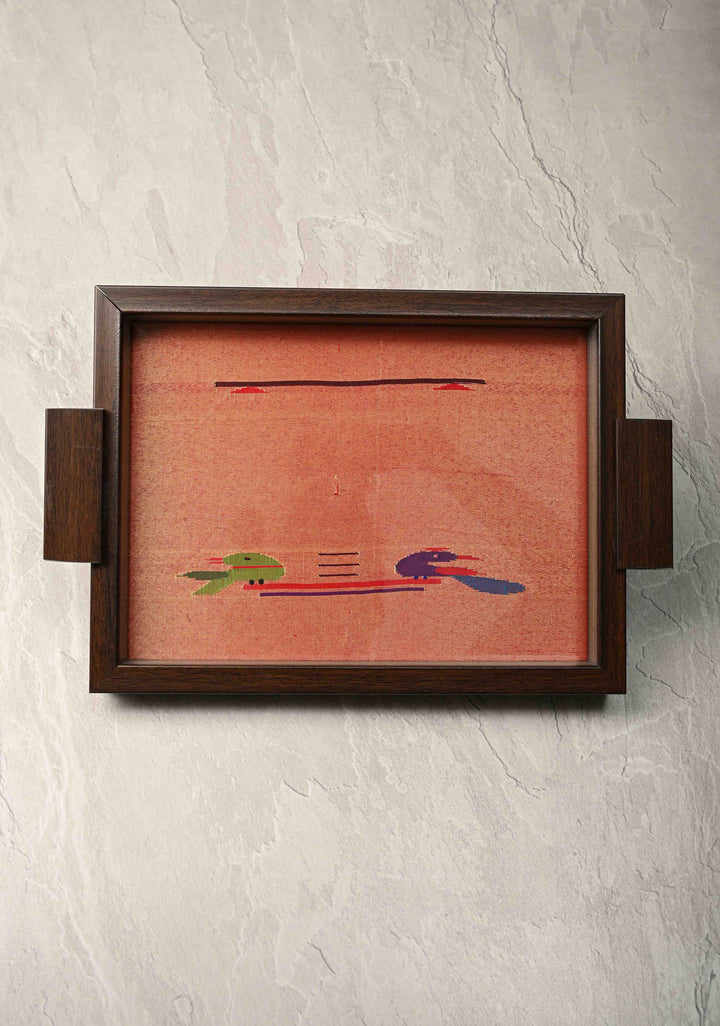 Pure Yeola Paithani Tissue Handloom Peacock Parrot Handwoven Framed Tray | SILK MARK CERTIFIED