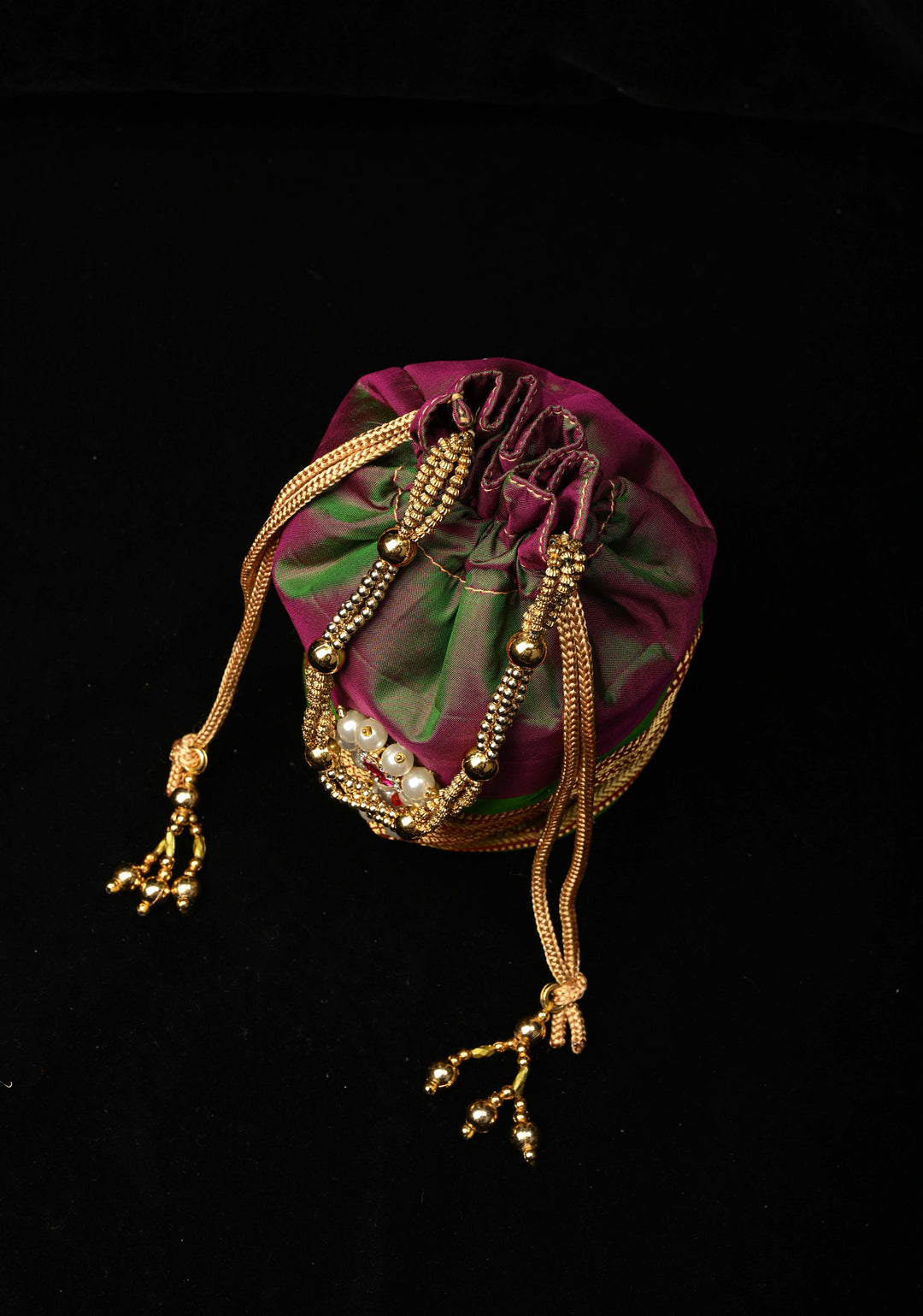 Pure Yeola Paithani Potli Bag in Henna Green Dual Tone  with Moto Nath Deatiling | SILK MARK CERTIFIED