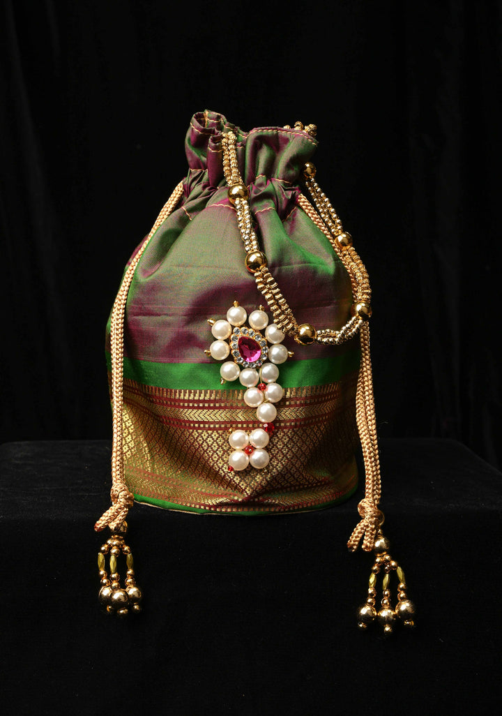 Pure Yeola Paithani Potli Bag in Henna Green Dual Tone  with Moto Nath Deatiling | SILK MARK CERTIFIED