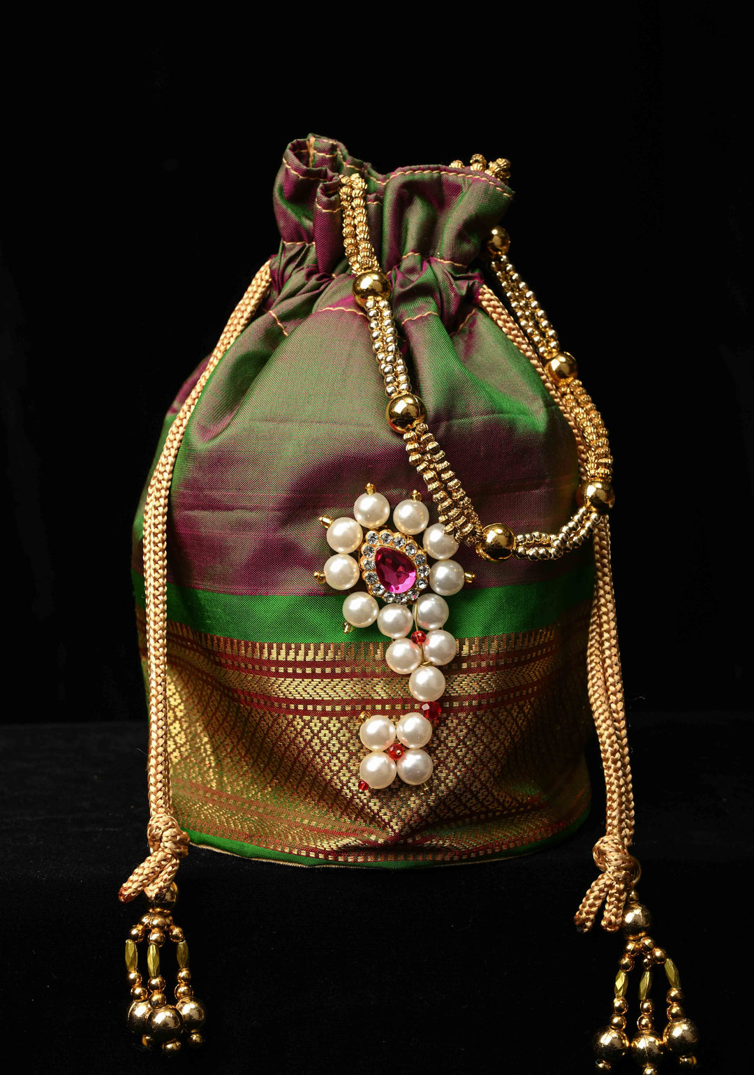 Pure Yeola Paithani Potli Bag in Henna Green Dual Tone  with Moto Nath Deatiling | SILK MARK CERTIFIED
