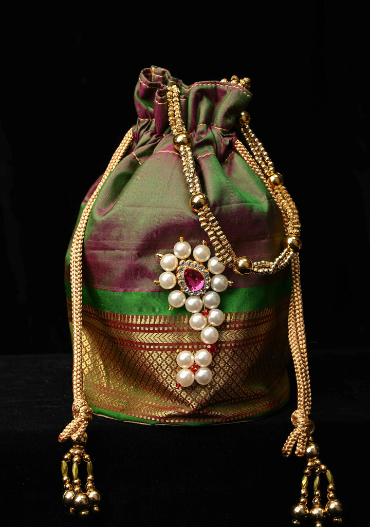 Pure Yeola Paithani Potli Bag in Henna Green Dual Tone  with Moto Nath Deatiling | SILK MARK CERTIFIED
