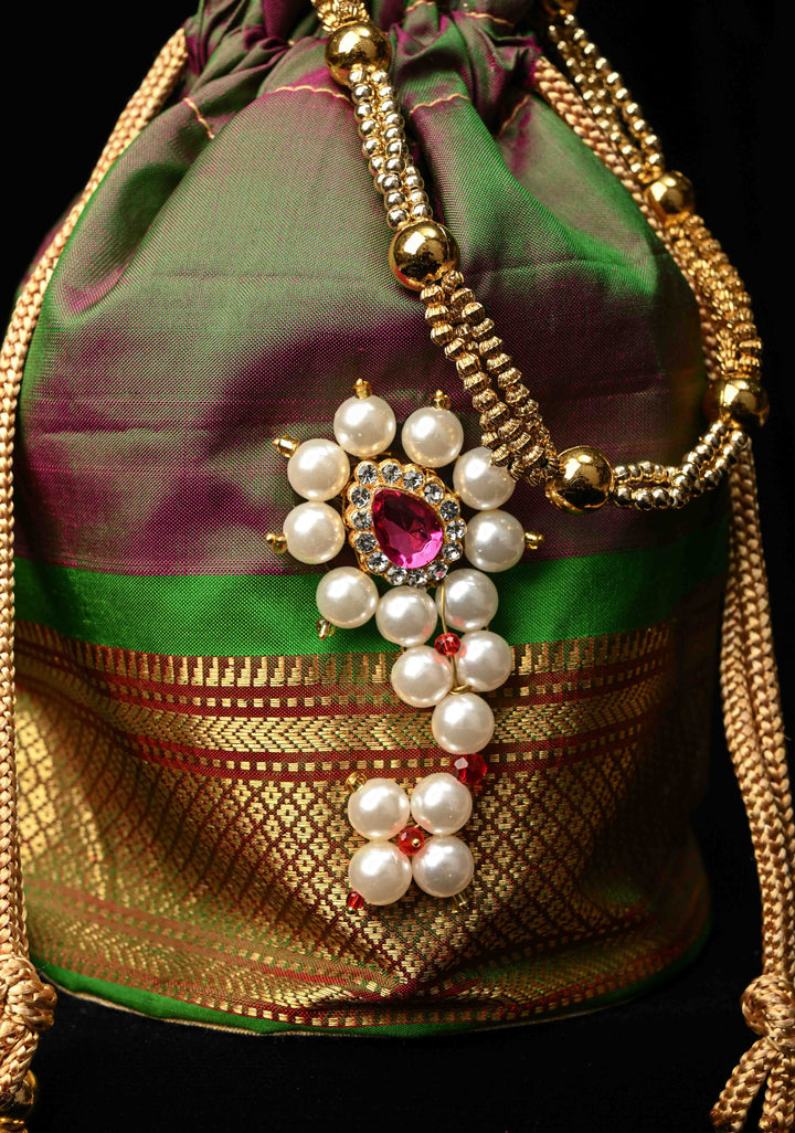 Pure Yeola Paithani Potli Bag in Henna Green Dual Tone  with Moto Nath Deatiling | SILK MARK CERTIFIED