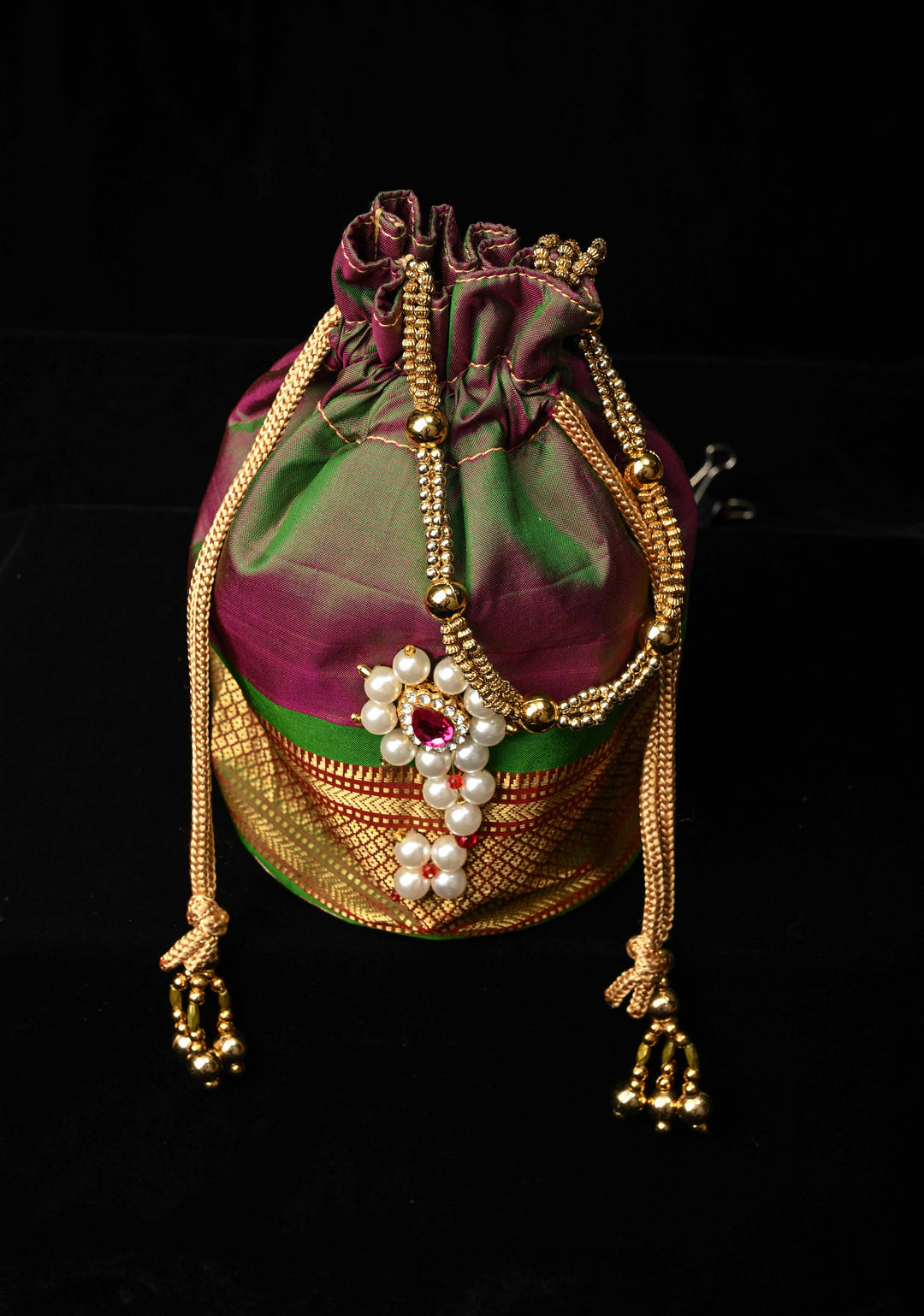 Pure Yeola Paithani Potli Bag in Henna Green Dual Tone  with Moto Nath Deatiling | SILK MARK CERTIFIED