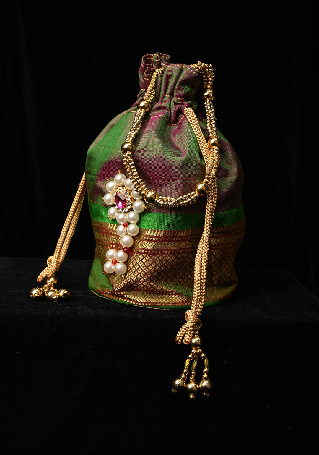Pure Yeola Paithani Potli Bag in Henna Green Dual Tone  with Moto Nath Deatiling | SILK MARK CERTIFIED