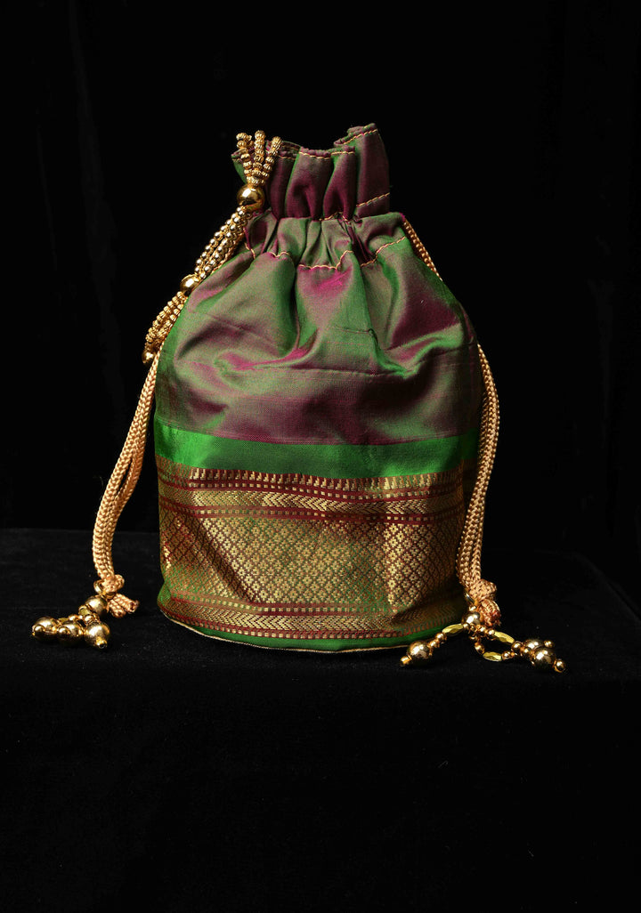 Pure Yeola Paithani Potli Bag in Henna Green Dual Tone  with Moto Nath Deatiling | SILK MARK CERTIFIED
