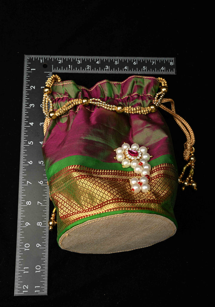 Pure Yeola Paithani Potli Bag in Henna Green Dual Tone  with Moto Nath Deatiling | SILK MARK CERTIFIED