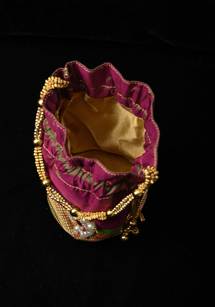 Pure Yeola Paithani Potli Bag in Henna Green Dual Tone  with Moto Nath Deatiling | SILK MARK CERTIFIED