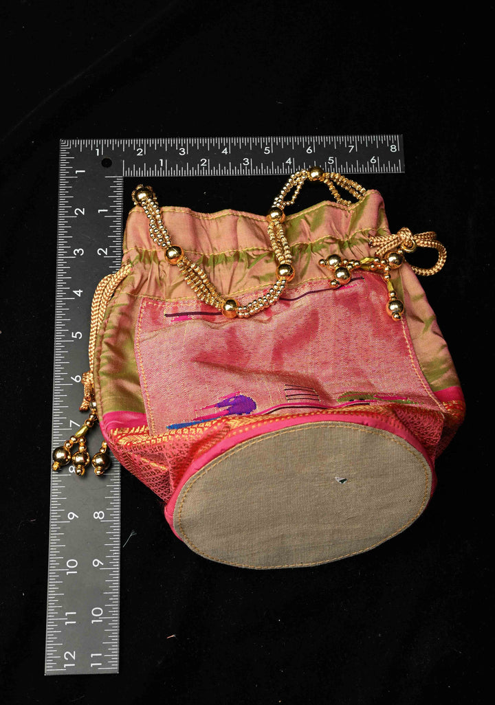 Pure Paithani Silk Potli Bag with Tissue Parrot Peacock detailing, Holds an  iphone pro max | SILK MARK CERTIFIED