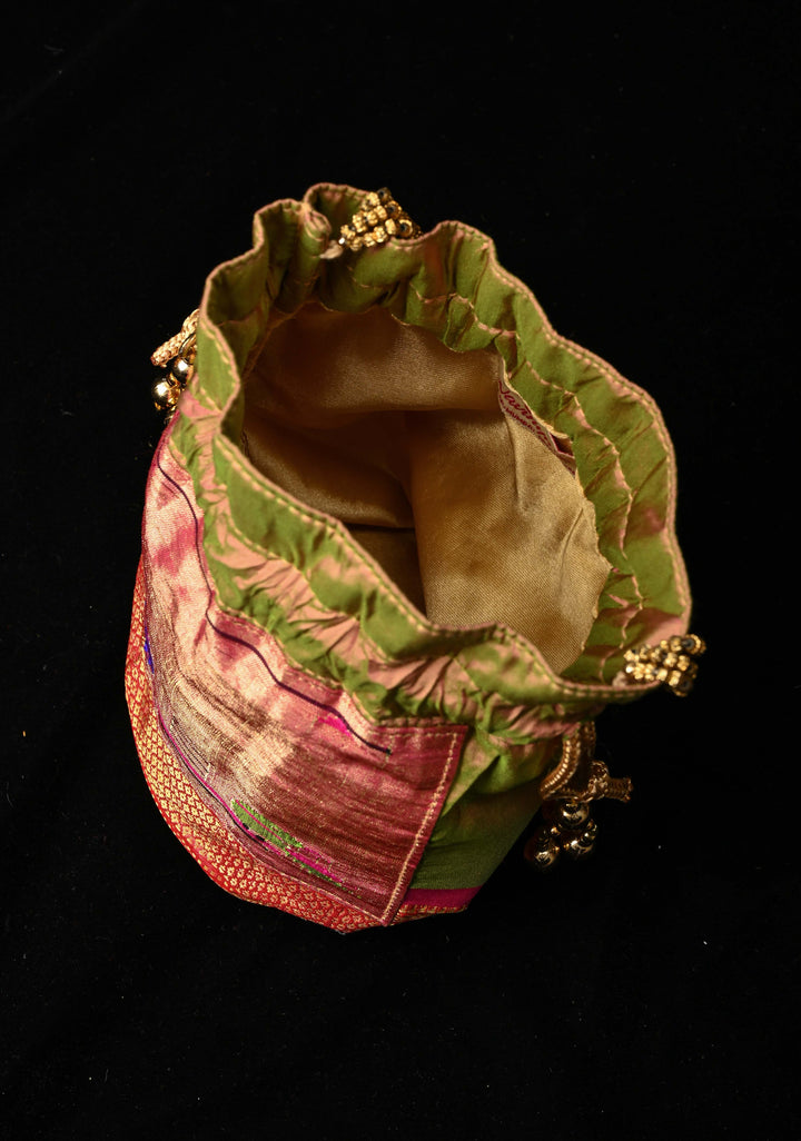 Pure Paithani Silk Potli Bag with Tissue Parrot Peacock detailing, Holds an  iphone pro max | SILK MARK CERTIFIED