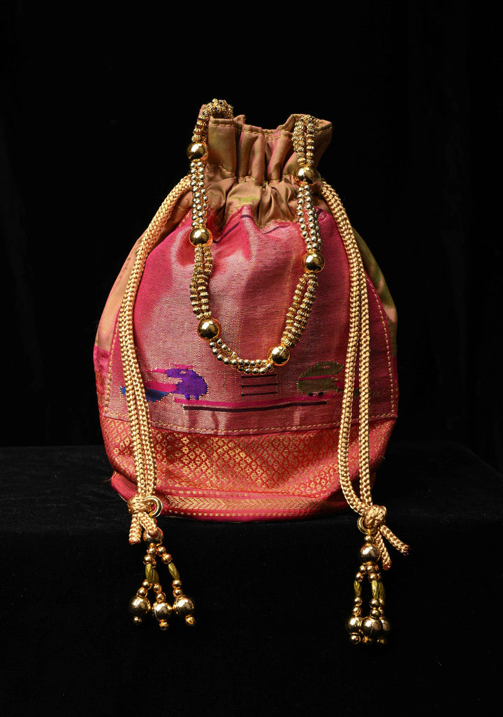 Pure Paithani Silk Potli Bag with Tissue Parrot Peacock detailing, Holds an  iphone pro max | SILK MARK CERTIFIED