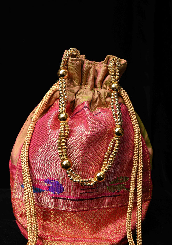 Pure Paithani Silk Potli Bag with Tissue Parrot Peacock detailing, Holds an  iphone pro max | SILK MARK CERTIFIED