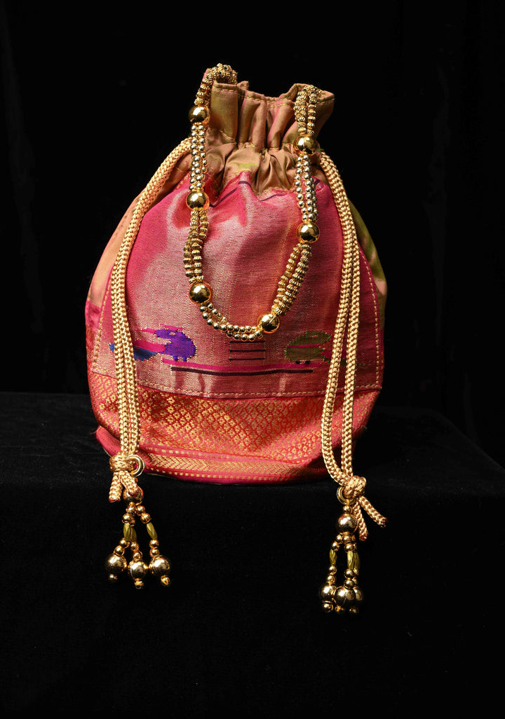 Pure Paithani Silk Potli Bag with Tissue Parrot Peacock detailing, Holds an  iphone pro max | SILK MARK CERTIFIED