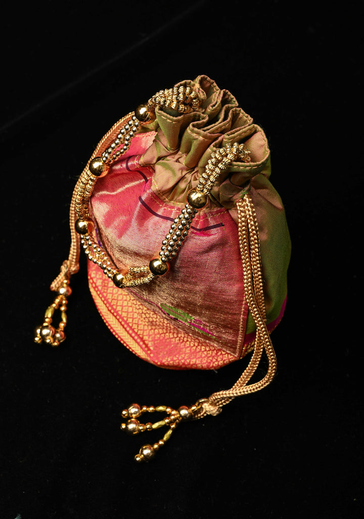 Pure Paithani Silk Potli Bag with Tissue Parrot Peacock detailing, Holds an  iphone pro max | SILK MARK CERTIFIED