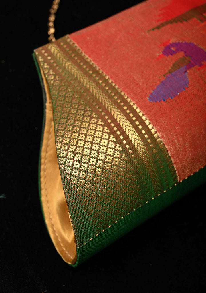 Authentic Handcrafted Paithani Clutch with Peacock Tissue Motifs, Handwoven | SILK MARK CERTIFIED