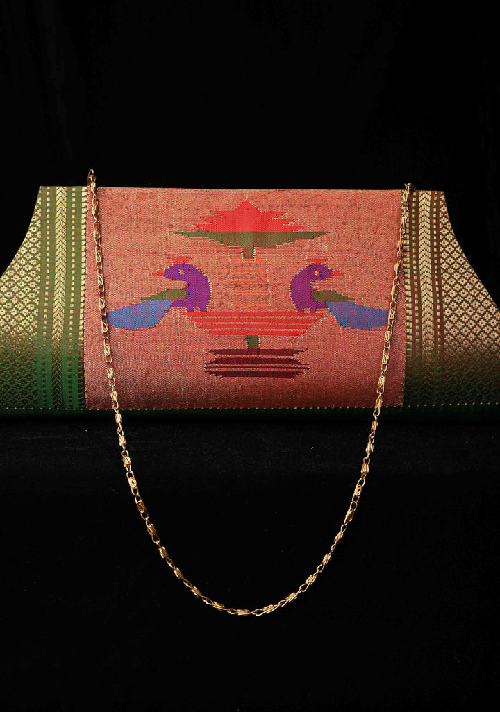 Authentic Handcrafted Paithani Clutch with Peacock Tissue Motifs, Handwoven | SILK MARK CERTIFIED