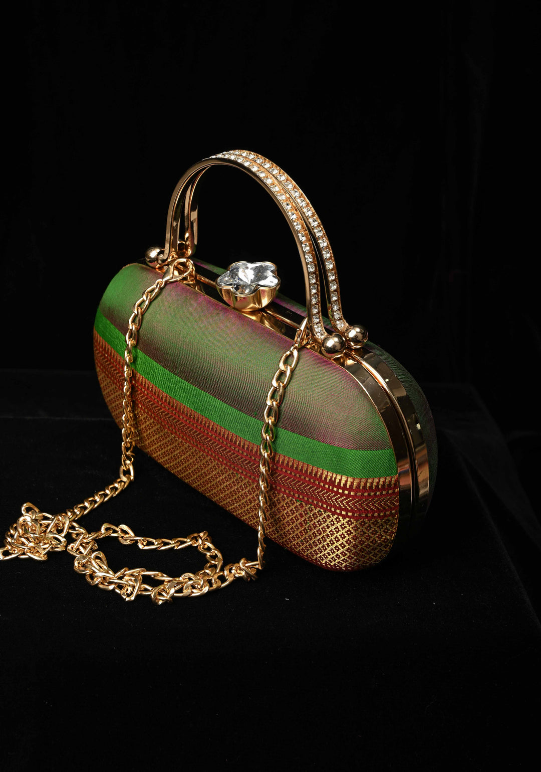 Authentic Yeola Paithani Pure Silk Clutch,  Dual tone Handle Brocade Clutch with Rhinestone Clasp | SILK MARK CERTIFIED