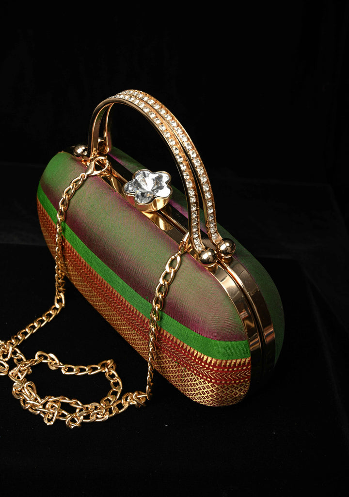 Authentic Yeola Paithani Pure Silk Clutch,  Dual tone Handle Brocade Clutch with Rhinestone Clasp | SILK MARK CERTIFIED